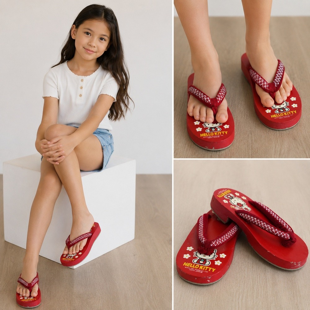 Sanrio‎ Hello Kitty Geta Sandals Kids Red Good Vintage 1997 Wooden Platform